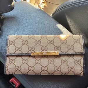 Gucci tan & gold sign. GG Canvas long continental Wallet w/ brown leather trim